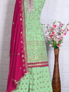 Ethnic Indian Wear Mint Green and Fuchsia Embroidered Salwar Suit